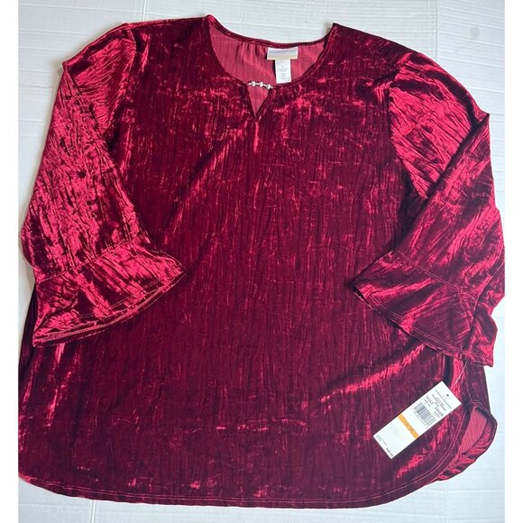 Alfred Dunner Womens Plus Runway Ready 3/4 Sleeve Crinkle Velvet Red Top Size 3X - Picture 3 of 13